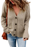 Khaki Drop Shoulder Button Front V Neck Cardigan with Pockets