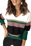 Khaki Casual Color-Block Striped Long Sleeve V Neck Sweater
