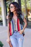 V Neck Stripes Roll up Short Sleeve Zip Up Blouse