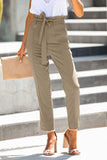 Khaki Casual Paperbag Waist Straight Leg Pants with Belt