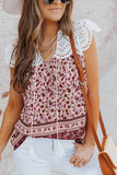 Floral Printed Eyelet Tassel Top