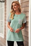 Striped Short Sleeve Contrast Color T-Shirt with Pocket