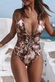 Multicolor Tie Dye Lace Up Front Plunging V One Piece Swimsuit