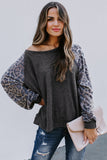 Leopard Patch Ribbed Loose Long Sleeve Blouse