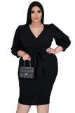 Plus Size Puff Sleeve Wrap V Neck Midi Dress