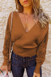 Sexy V Neck Surplice Hollow-out Sweater with Lace Sleeves