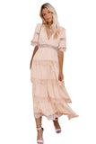 Swiss Dot Print See-through Lace Patch Layered Long Dress