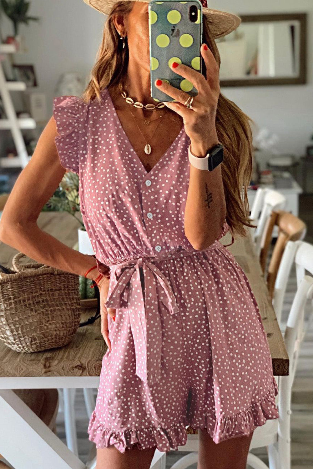 Dotted Print V Neck Romper with Waist Tie
