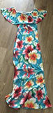 Turquoise Roses Print Off-the-shoulder Maxi Dress