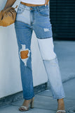 Sky Blue Colorblock Patchwork Ripped Hole Crop Straight Jeans