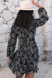 Black V Neck Baggy Sleeve Waist Tie Double Layer Ruffle Hem Floral Print Short Dress