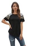 Khaki Striped Leopard Print Short Sleeve Women T-shirt