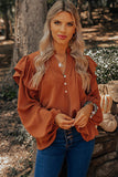 Ruffled Pleated Buttoned V Neck Blouse