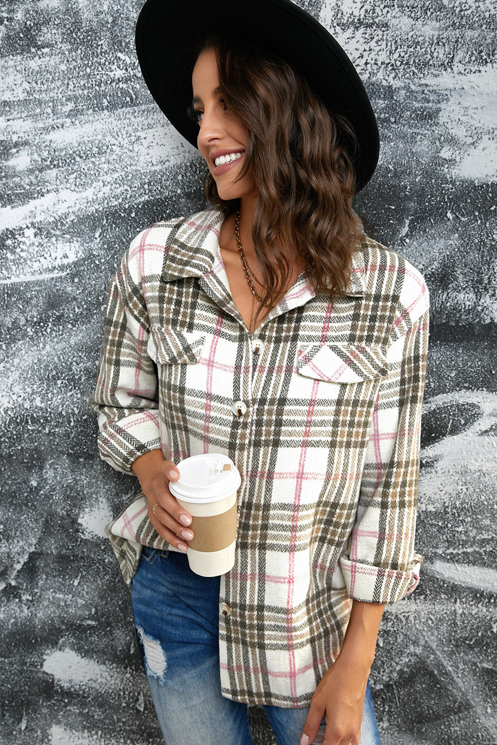 Buttoned Turn Down Collar Plaid Shacket