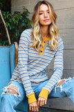 Striped Knit Button Neck Long Sleeve Top