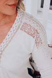 Lace Contrast V Neck Ribbed Long Sleeve Top
