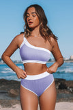 Purple One Shoulder Patchwork High-waisted Bikini Set