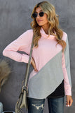 Pink Turtle Neck Sloping Color Block Long Sleeve Top