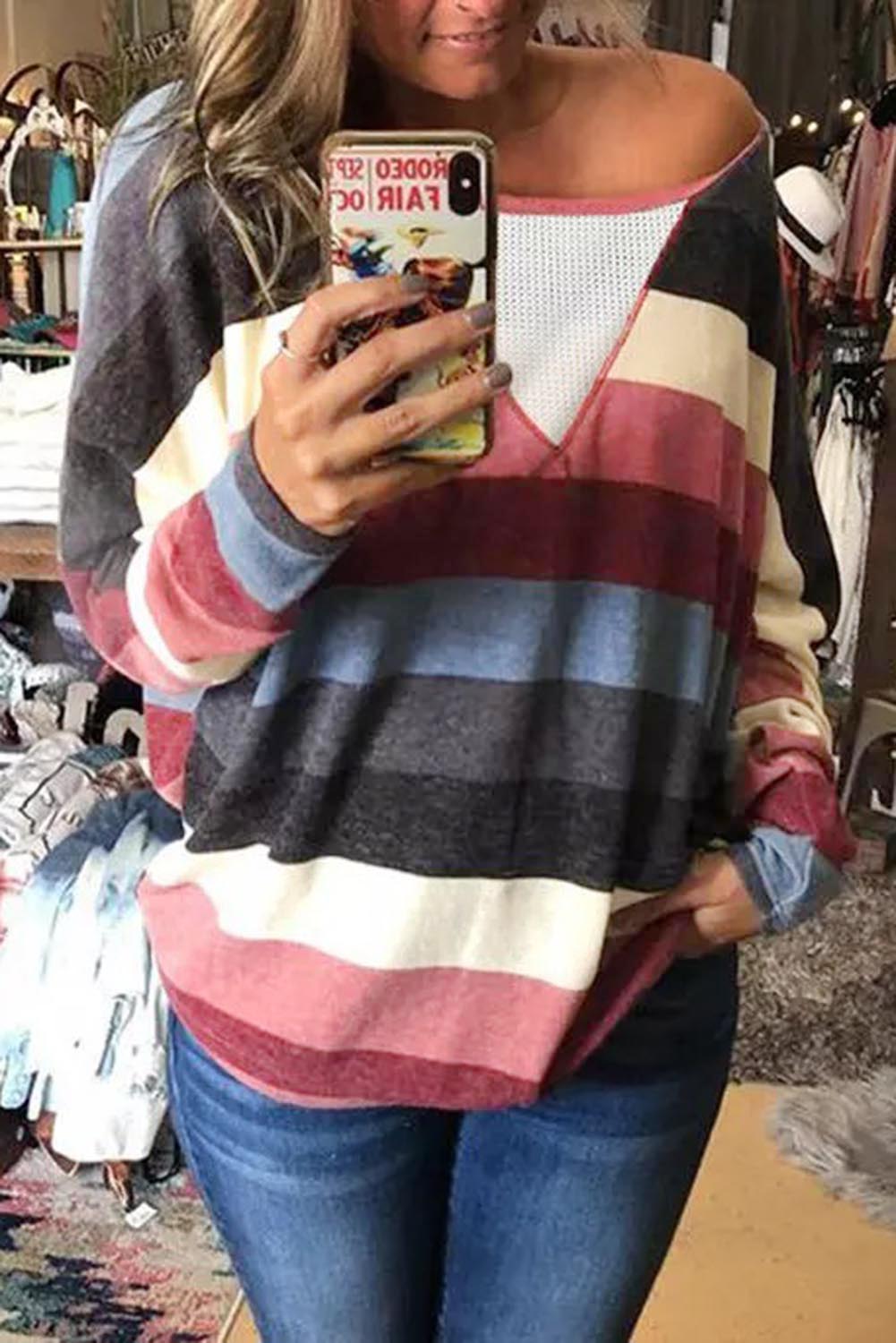 color Striped Mesh Splicing Round Neck Long Sleeve Top