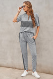 Plaid Splicing Short Sleeve Top and Elastic Waist Pants Set