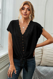 V Neck Lace Patchwork Tee with Knot