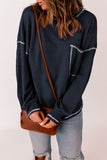 Blue Contrast Stitching Trim Waffle Knit Pullover