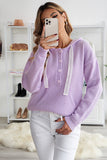 Kangaroo Pocket Button Lace Drawstring Hooded Pullover Sweater