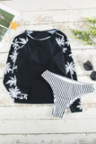 Leaf Stripe Print Round Neck Long Sleeve Surfing Swimsuit