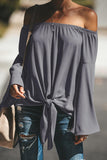 Gray Off The Shoulder Bell Sleeve Tie Blouse