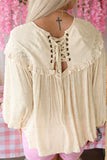 Beige Lace Up Back Swiss Dot Blouse