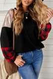 Crewneck Lantern Sleeve Plaid Sequin Splicing Pullover Sweatshirt