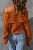 Brown Ribbed Knit Foldover Off Shoulder Sweater
