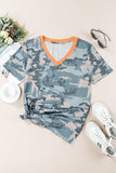 Camouflage Print V Neck Short Sleeve T Shirt