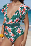 Sexy Deep V Neck Floral Print Ruffles One Piece Swimwear