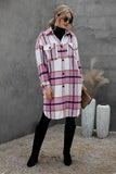 Khaki Turn-down Collar Pocket Button Plaid Coat