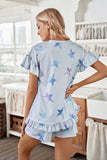 Star Print Ruffled Short Sleeve Tee and Drawstring Shorts Lounge Se