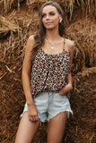 Khaki Leopard Print Spaghetti Strap Pleated Flowing Tank Top
