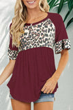 Wine Leopard Stitching Pleated Casual Top