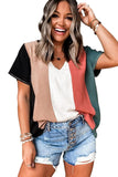Multicolor Colorblock V Neck Short Sleeve Top