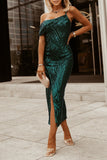 One-shoulder Sequin Midi Dress with Slit