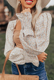 Khaki Floral Print Splicing Shirred Puff Sleeve Blouse