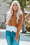 Brown V Neck Ribbed Knit Long Sleeve Top