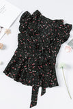 Floral Print Belted Ruffled V Neck Sleeveless Top