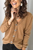 Khaki V Neck Lace Splicing Buttoned Cardigan