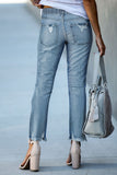 Light Blue Elastic Waist Straight Leg Destroyed Raw Hem Jeans