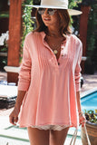 Pink Pleated Half Buttoned Waffle Knit Blouse