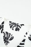 V Neck Mesh Splicing Sleeve Palm Leaf Print Top