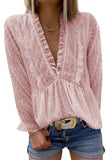 Swiss Dot Long Deep V Neck Pleated Sleeve Top