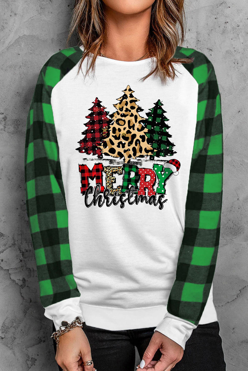 Plaid Raglan Sleeve Christmas Tree Sweatshirt