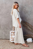 Beige Cotton Blend Relaxed Top and High Rise Pants Lounge Set